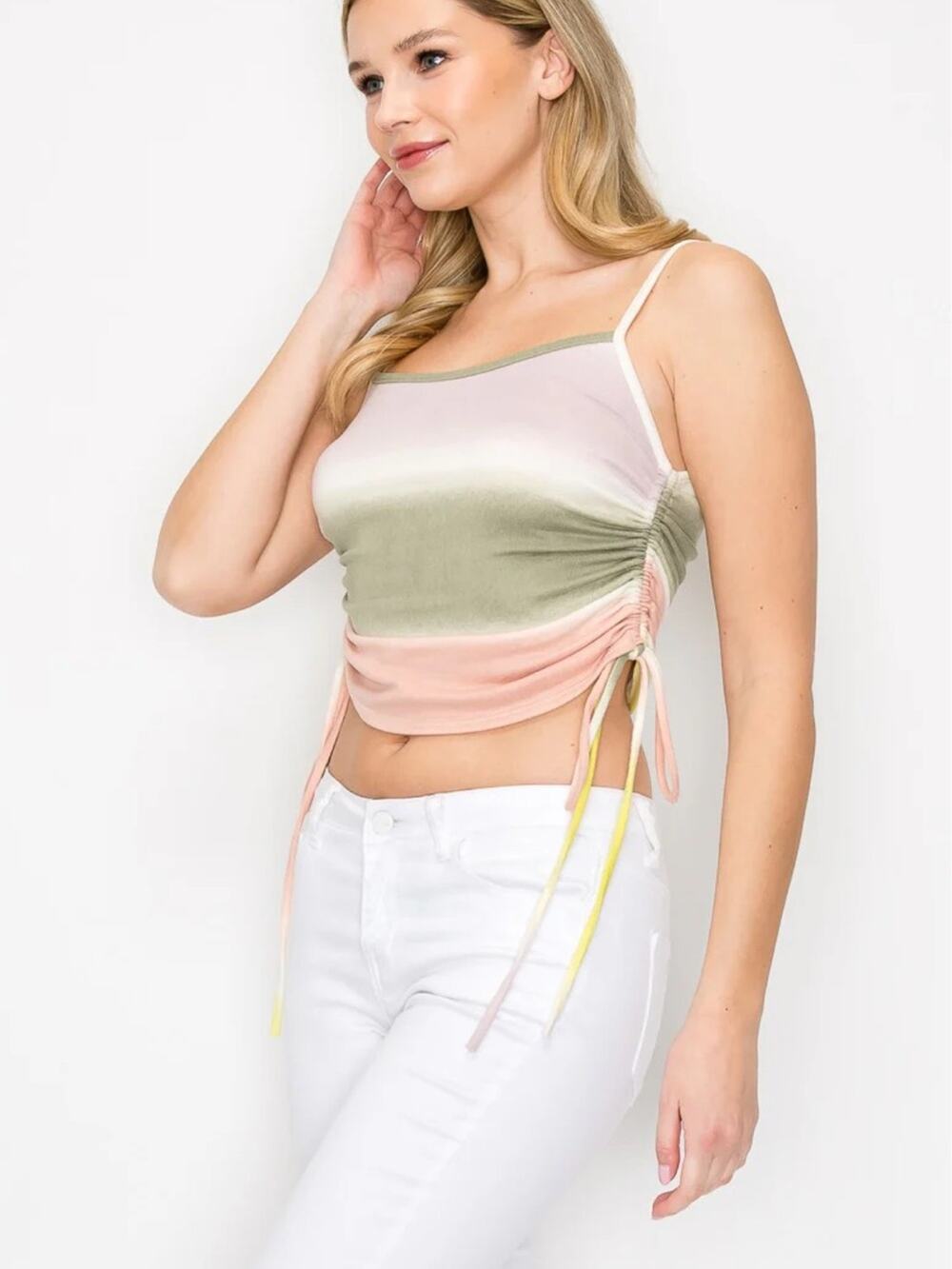 A.gain Ombre Ruched Drawstring Crop Top Size L